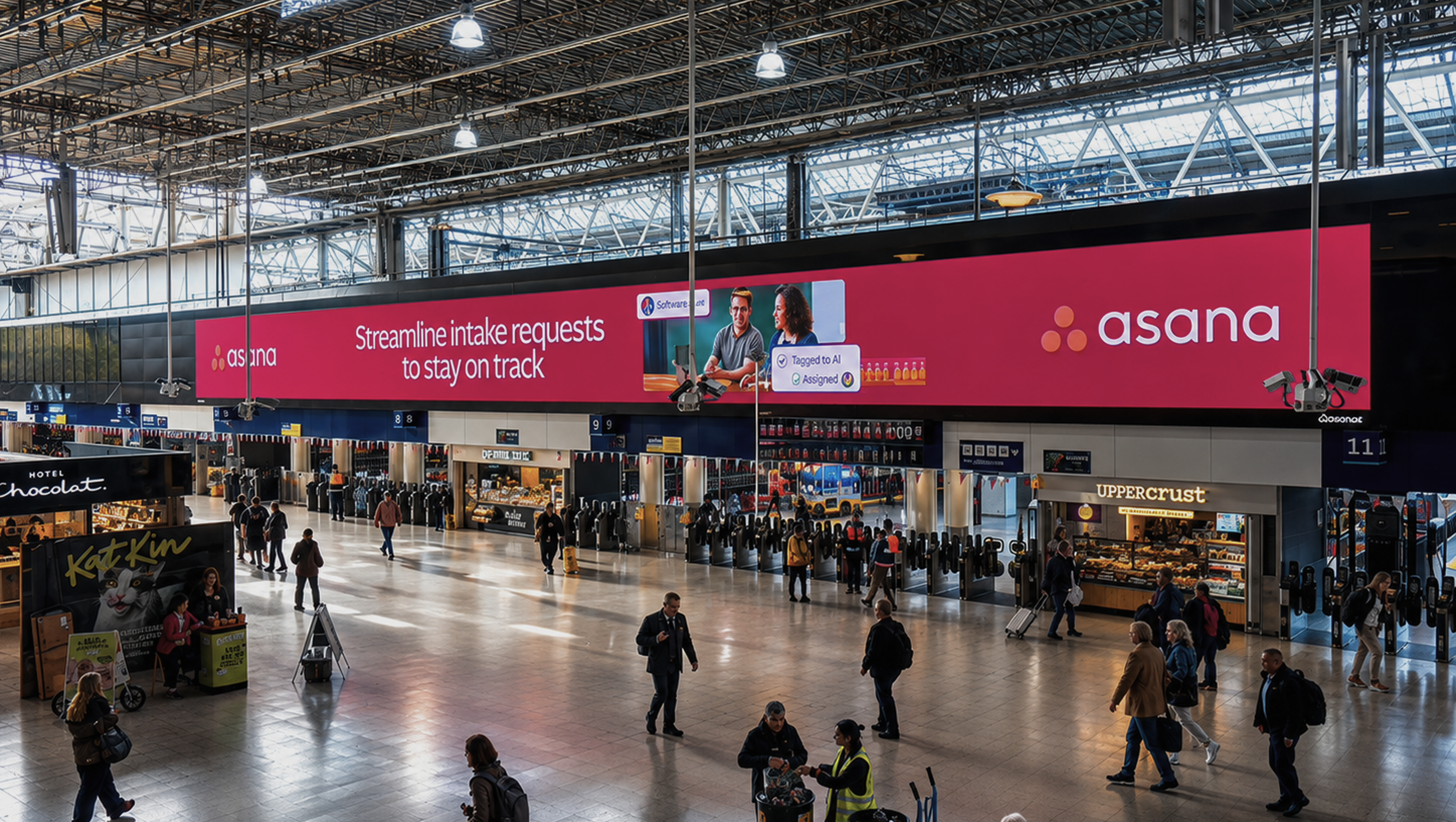 Asana ‘Streamline intake requests to stay on track’ station billboard at Waterloo