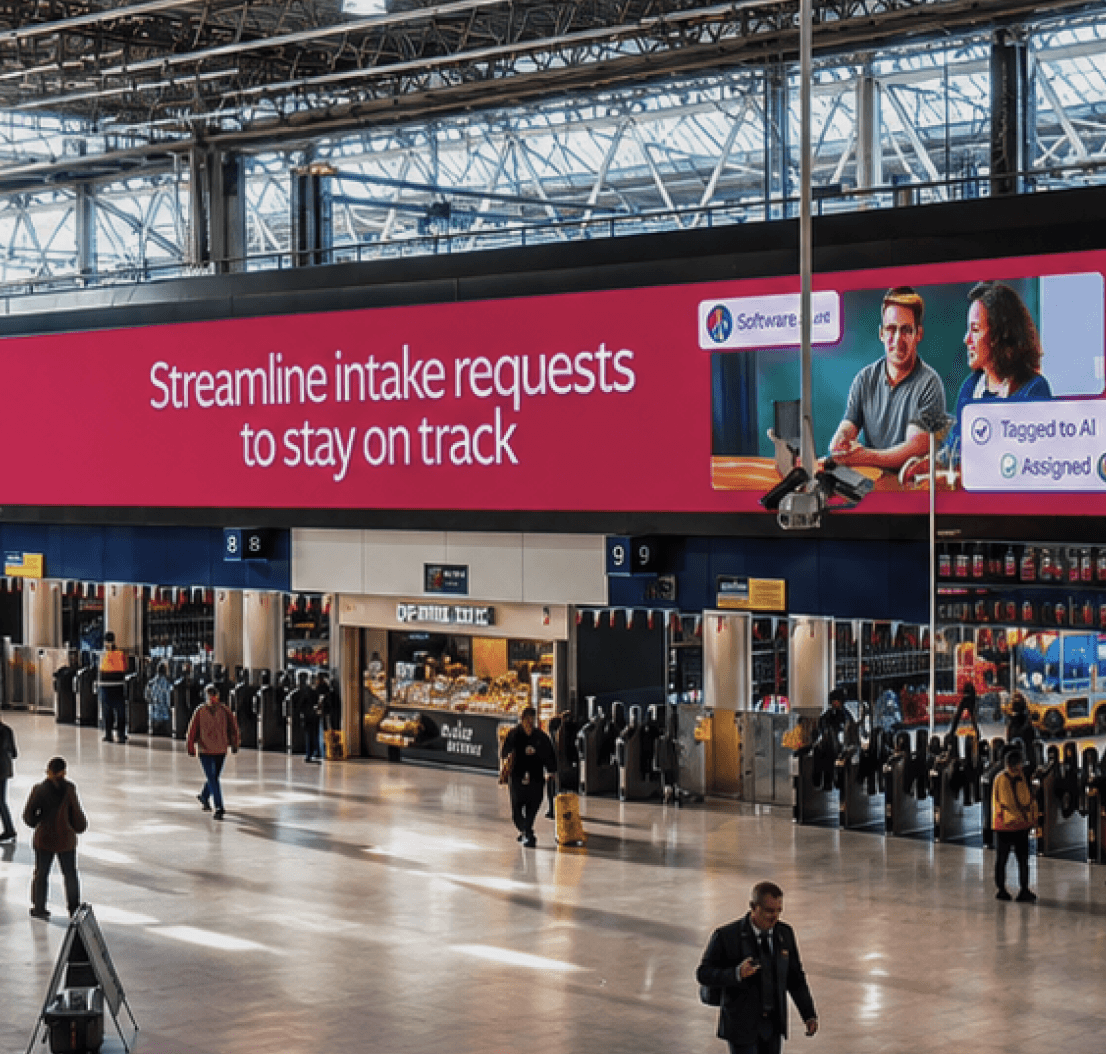 Asana ‘Streamline intake requests to stay on track’ billboard over the ticket gates
