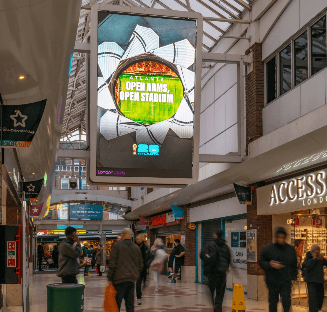 Atlanta ‘Open Arms, Open Stadium’ billboard in a Battersea arcade