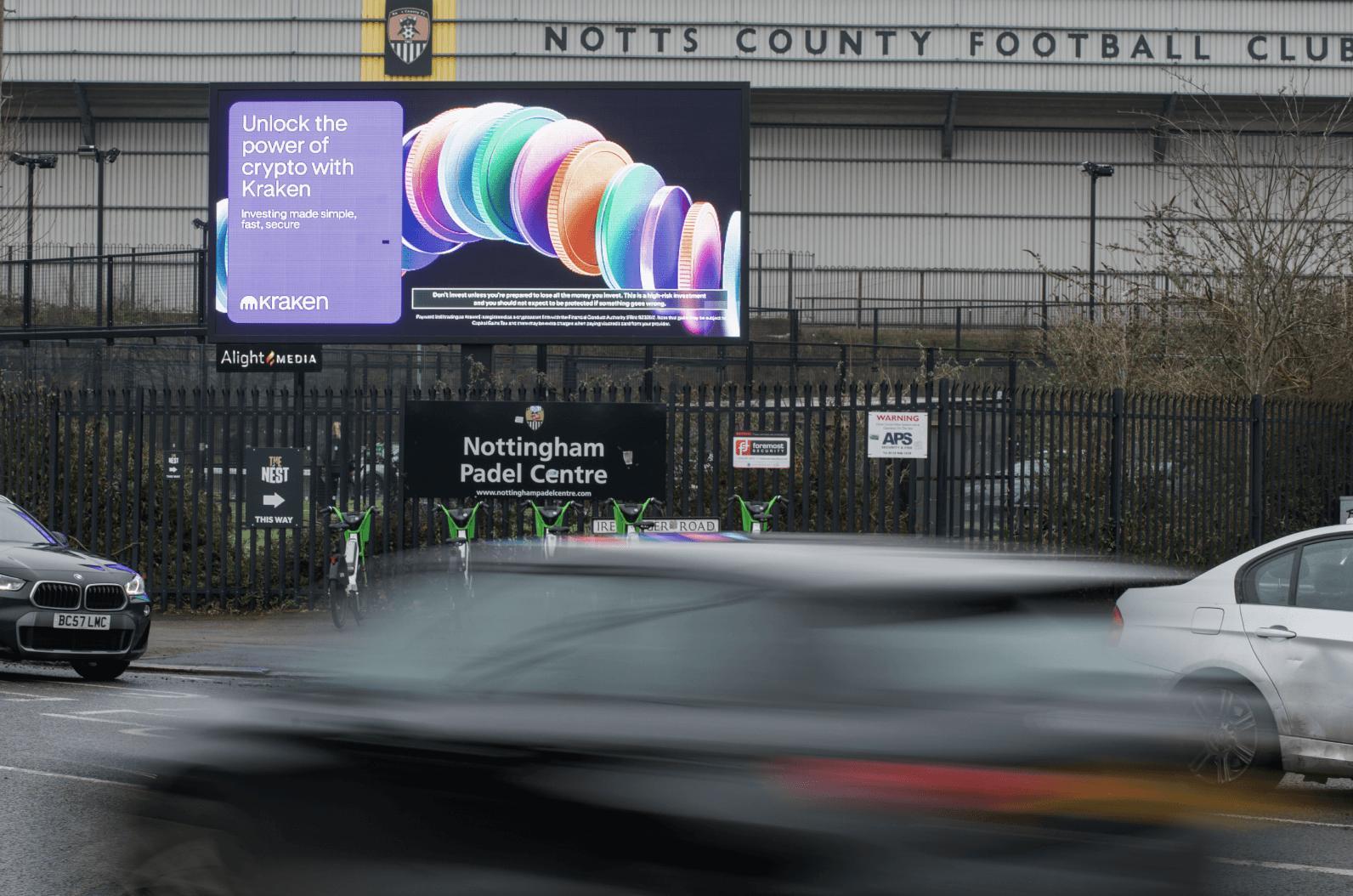 Kraken ‘Unlock The Power Of Crypto’ billboard outside Notts County Football Club