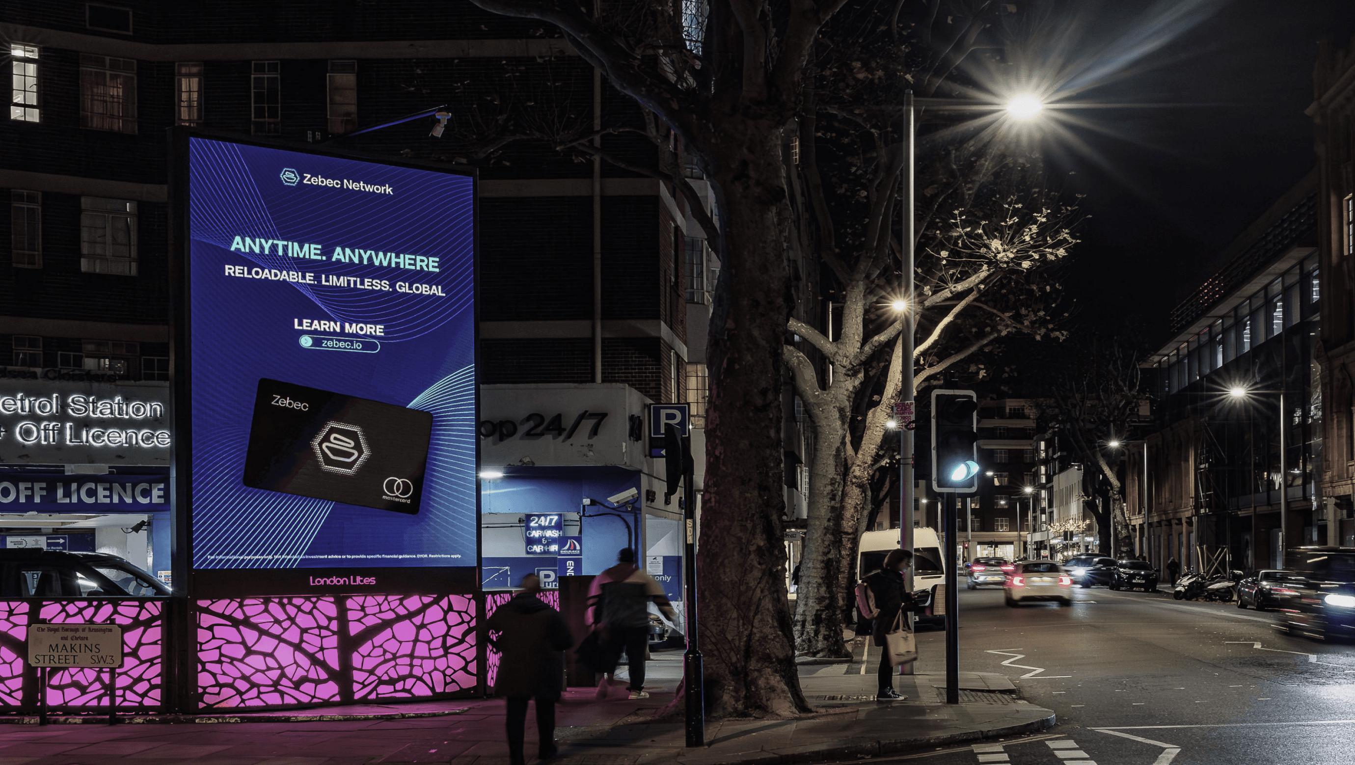 Zebec Network ‘Anytime. Anywhere’ billboard on a London street at night