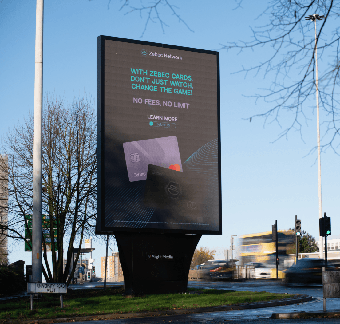 Zebec ‘With Zebec cards, change the game’ billboard on University Road