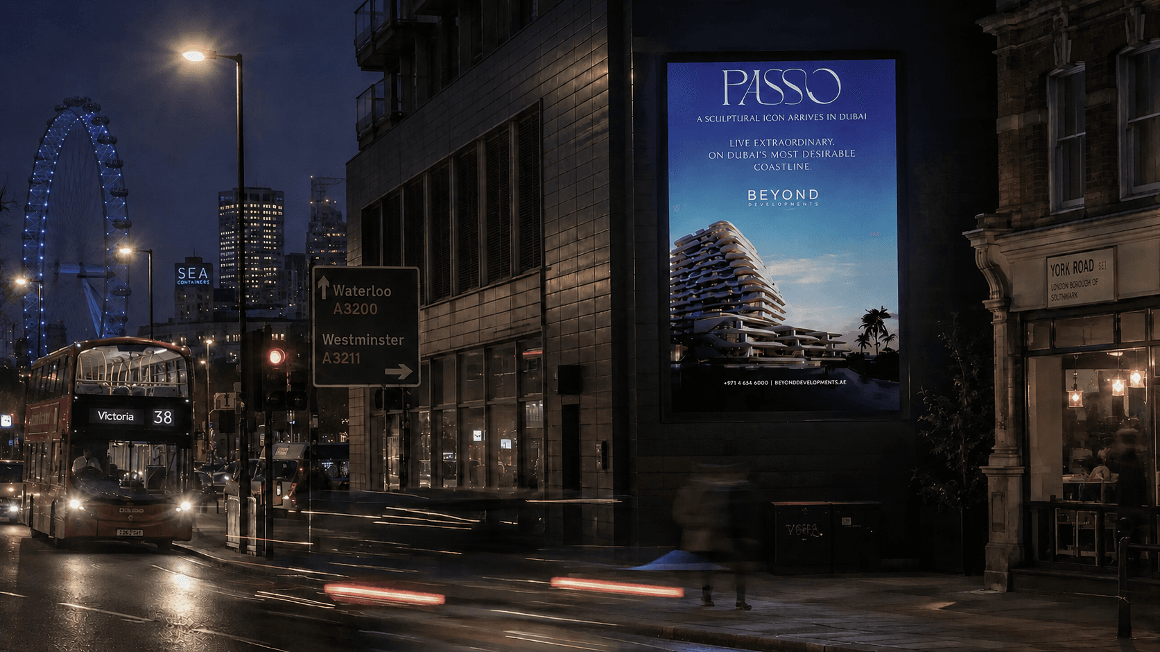 Beyond Developments PASSO out-of-home billboard on a London street at dusk