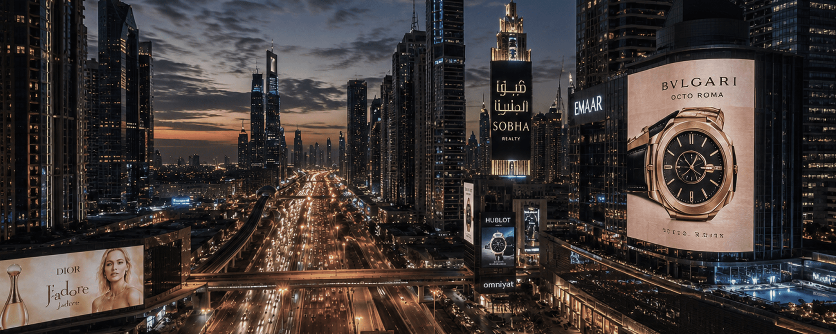 Dubai skyline at dusk lined with luxury out-of-home billboards along Sheikh Zayed Road