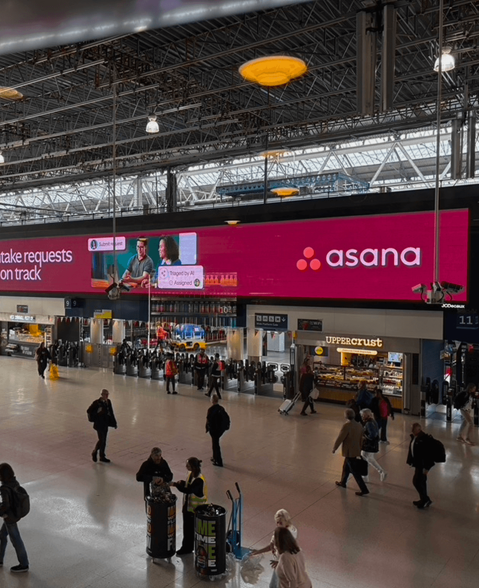 Asana out-of-home billboard above the concourse at London Waterloo station