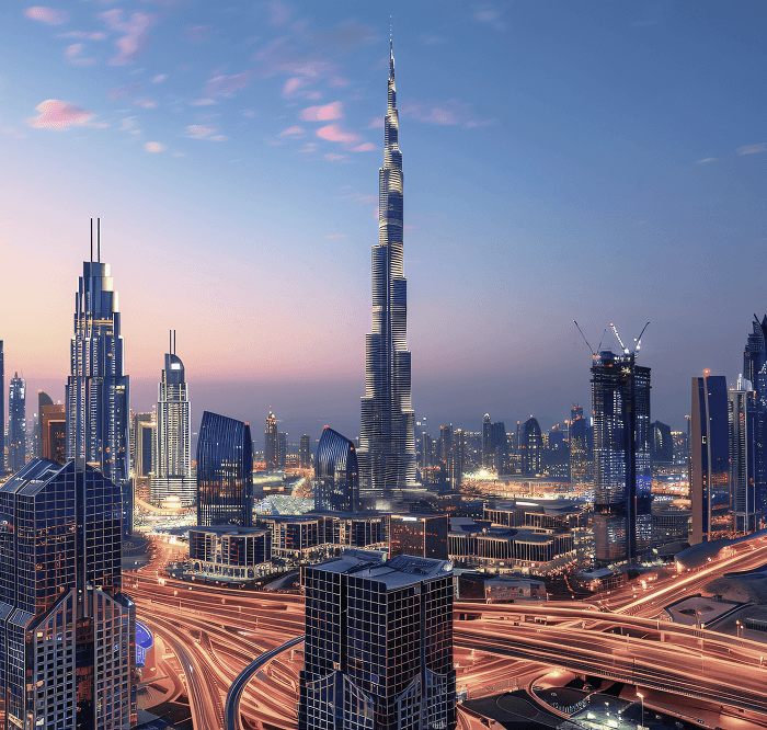 Dubai skyline at dusk with the Burj Khalifa and light-trail highways