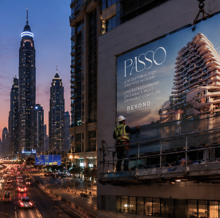 Out-of-home billboard in Dubai at dusk